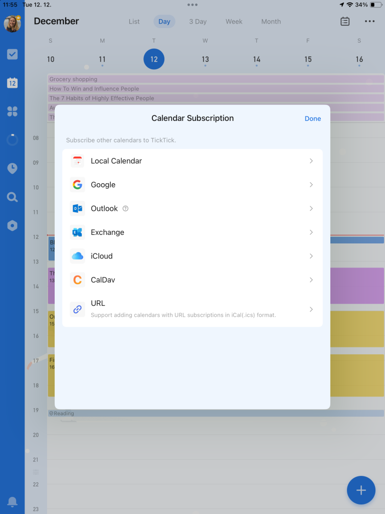 ticktick calendar subscriptions